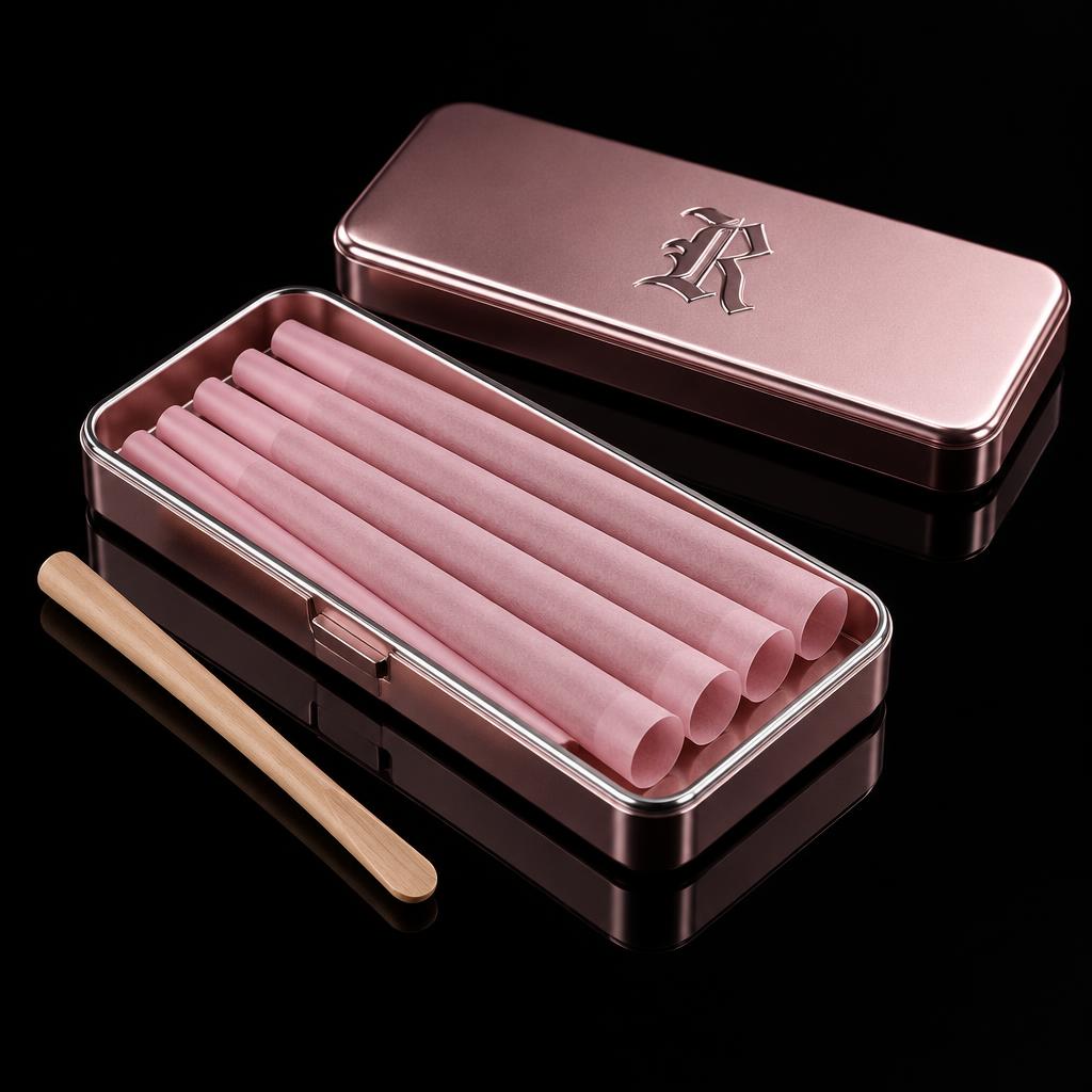 ROLLS PINK six empty cones, packing stick and travel case